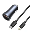 Auto nabíječka Baseus Golden Contactor Pro, USB + USB-C, QC4.0+, PD, SCP, 40W (šedá) + kabel USB-C pro iP 1m (černý)