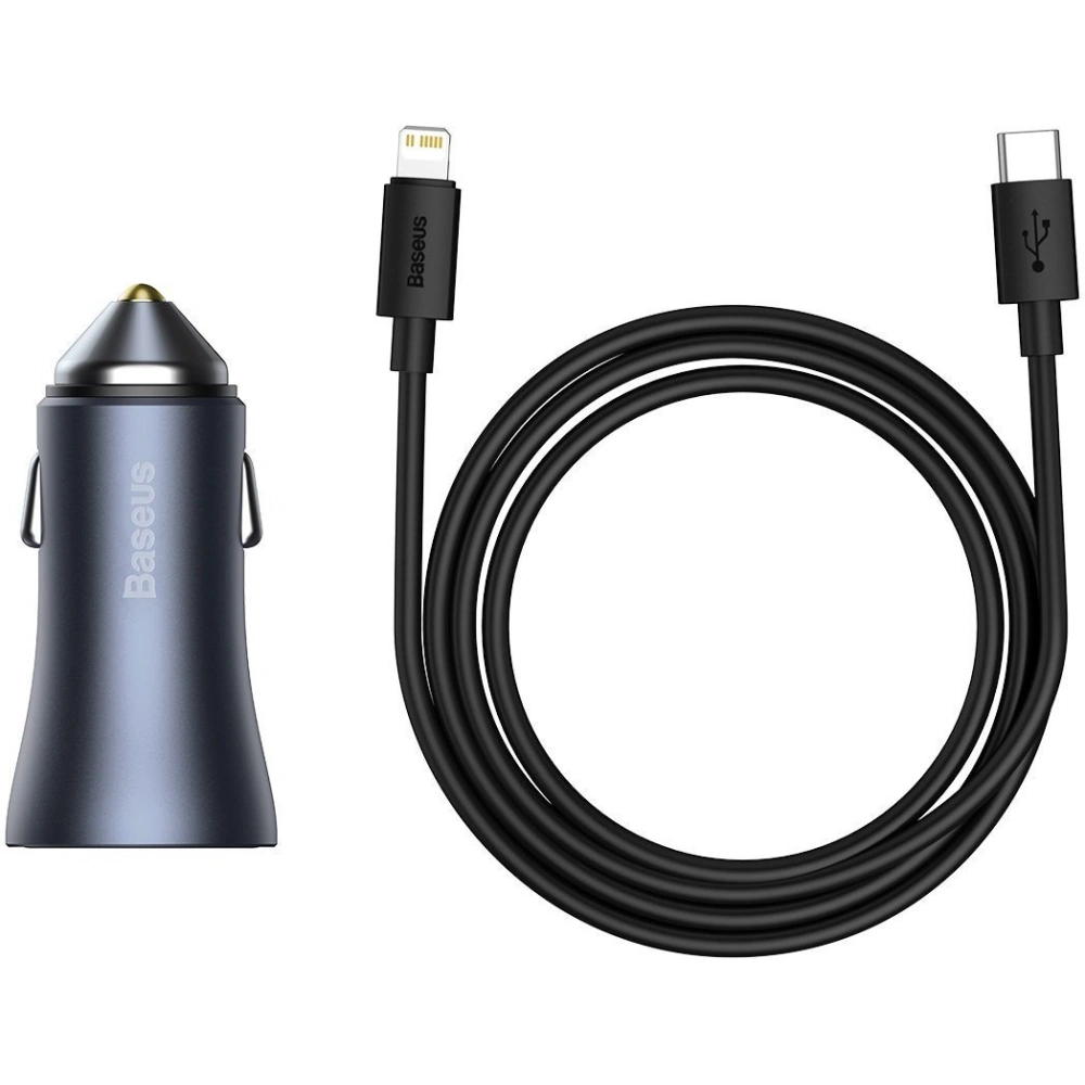 Hurtownia GSM - Auto nabíječka Baseus Golden Contactor Pro, USB + USB-C, QC4.0+, PD, SCP, 40W (šedá) + kabel USB-C pro iP 1m (černý) - BSU2843BLK - {ean13} - Hurt