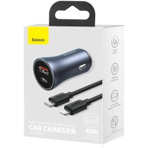 Hurtownia GSM - Ładowarka samochodowa Baseus Golden Contactor Pro, USB + USB-C, QC4.0+, PD, SCP, 40W (szara) + kabel USB-C do iP 1m (czarny) - BSU2843BLK - {ean13} - Hurt