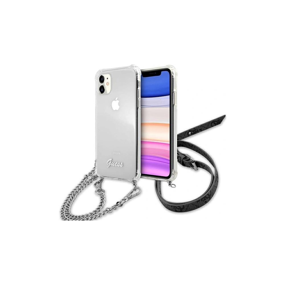 Etui Guess GUHCN61KC4GSSI Apple iPhone 11 Transparentní tvrdé pouzdro 4G Stříbrný řetěz