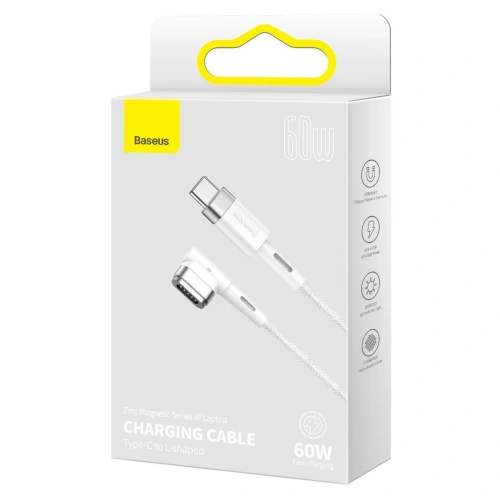 Kabel magnetyczny kątowy Baseus Zinc Magnetic, USB-C do MagSafe, 60W, 2m (biały)