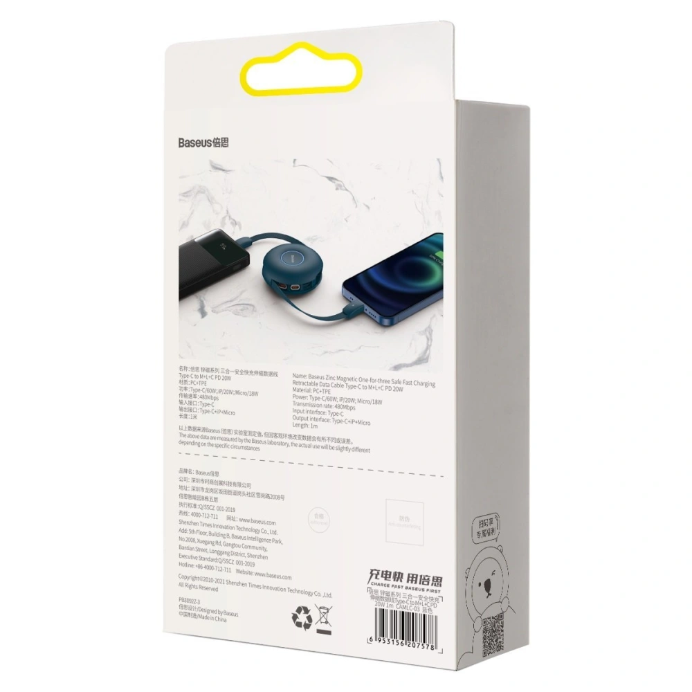 Hurtownia GSM - Kabel USB magnetický Baseus Zinc 3w1 USB-C / Lightning / Micro 20W, 1m (modrý) - BSU2888BLU - {ean13} - Hurt