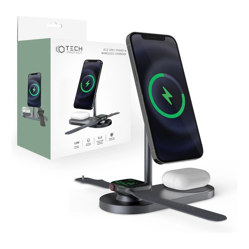 Hurtownia GSM - Ładowarka bezprzewodowa Tech-Protect A22 3in1 Magnetic MagSafe Wireless Charger Grey - THP609GRY - {ean13} - Hurt