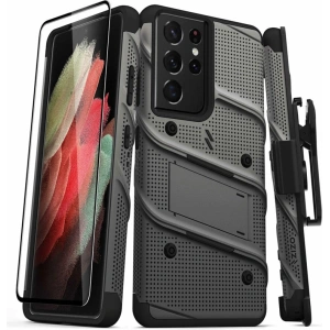 Pancerne etui ZIZO BOLT Series Samsung Galaxy S21 Ultra 5G ze szkłem 9H na ekran + uchwyt z podstawką (Gun Metal Gray)
