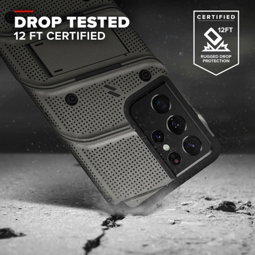 Pancerne etui ZIZO BOLT Series Samsung Galaxy S21 Ultra 5G ze szkłem 9H na ekran + uchwyt z podstawką (Gun Metal Gray)