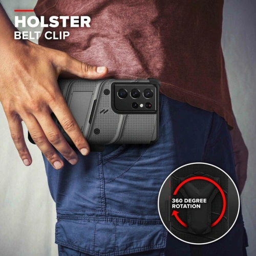 Pancerne etui ZIZO BOLT Series Samsung Galaxy S21 Ultra 5G ze szkłem 9H na ekran + uchwyt z podstawką (Gun Metal Gray)