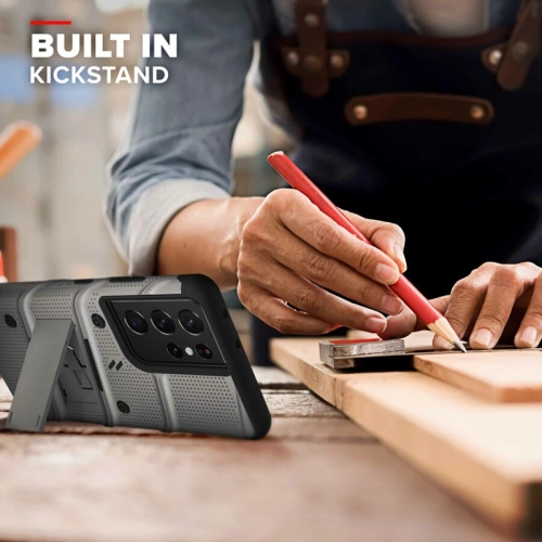 Pancerne etui ZIZO BOLT Series Samsung Galaxy S21 Ultra 5G ze szkłem 9H na ekran + uchwyt z podstawką (Gun Metal Gray)