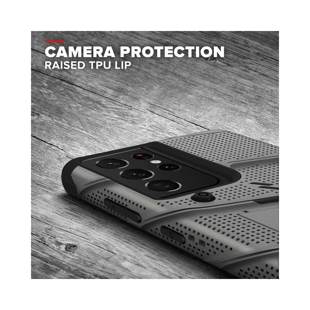 Hurtownia GSM - Pancerne etui ZIZO BOLT Series Samsung Galaxy S21 Ultra 5G se sklem 9H na displej + držák s podložkou (Gun Metal Gray) - ZIZ078GNMGRY - {ean13} - Hurt