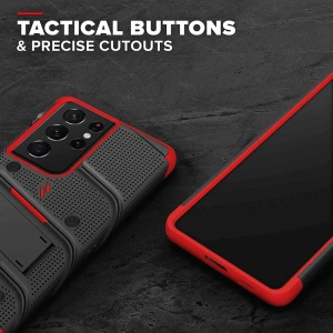 Pancerne etui ZIZO BOLT Series Samsung Galaxy S21 Ultra 5G ze szkłem 9H na ekran + uchwyt z podstawką (Black & Red)