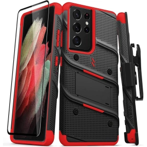 Pancerne etui ZIZO BOLT Series Samsung Galaxy S21 Ultra 5G ze szkłem 9H na ekran + uchwyt z podstawką (Black & Red)