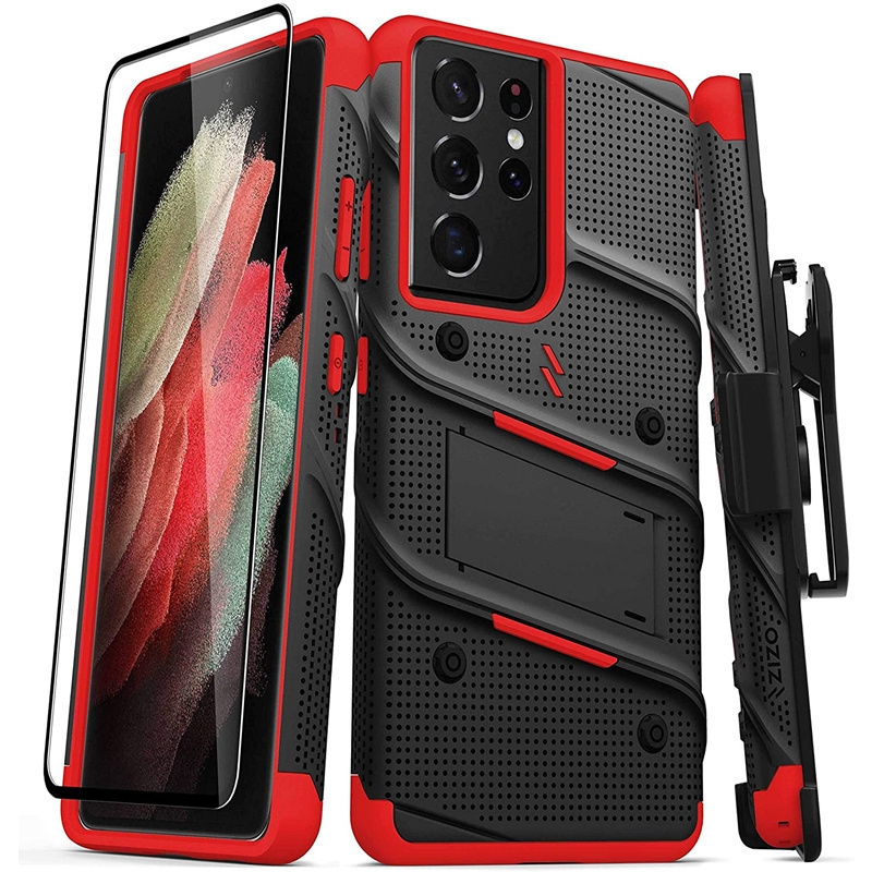 Zizo Distributor - 888488331928 - ZIZ079BLKRED - Zizo Bolt Cover - Samsung Galaxy S21 Ultra 5G armored case with 9H glass for the screen + stand & belt clip (Black & Red) - B2B homescreen
