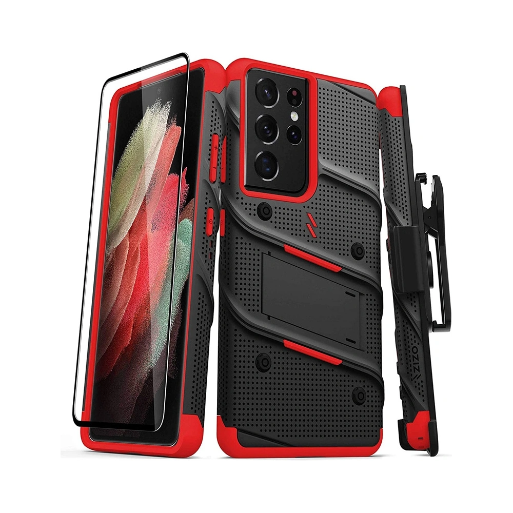 Wholesale Zizo Bolt Cover - Samsung Galaxy S21 Ultra 5G armored case with 9H glass for the screen + stand & belt clip (Black & Red) - ZIZ079BLKRED - {ean13} - Hurt