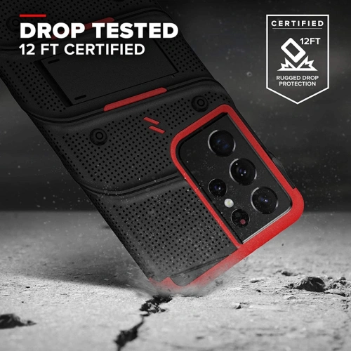 Pancerne etui ZIZO BOLT Series Samsung Galaxy S21 Ultra 5G ze szkłem 9H na ekran + uchwyt z podstawką (Black & Red)