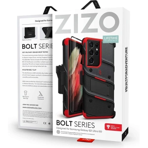 Hurtownia GSM - Pancerne etui ZIZO BOLT Series Samsung Galaxy S21 Ultra 5G ze szkłem 9H na ekran + uchwyt z podstawką (Black & Red) - ZIZ079BLKRED - {ean13} - Hurt