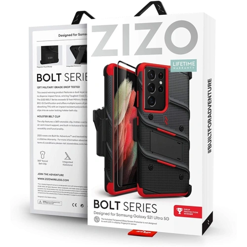 Pancerne etui ZIZO BOLT Series Samsung Galaxy S21 Ultra 5G ze szkłem 9H na ekran + uchwyt z podstawką (Black & Red)