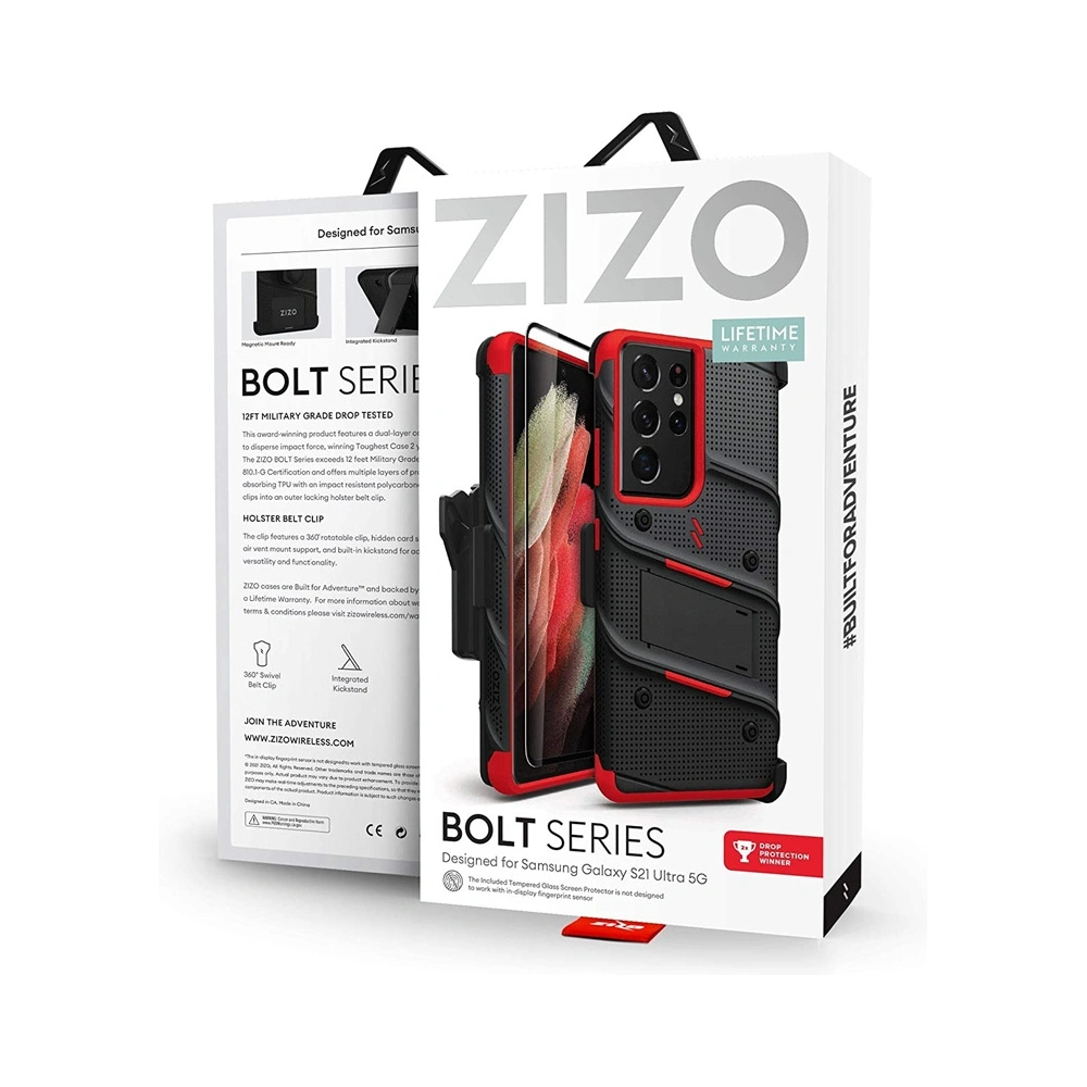 Hurtownia GSM - Pancéřové pouzdro ZIZO BOLT Series Samsung Galaxy S21 Ultra 5G se sklem 9H na displej + držák s podstavcem (Černá & Červená) - ZIZ079BLKRED - {ean13} - Hurt