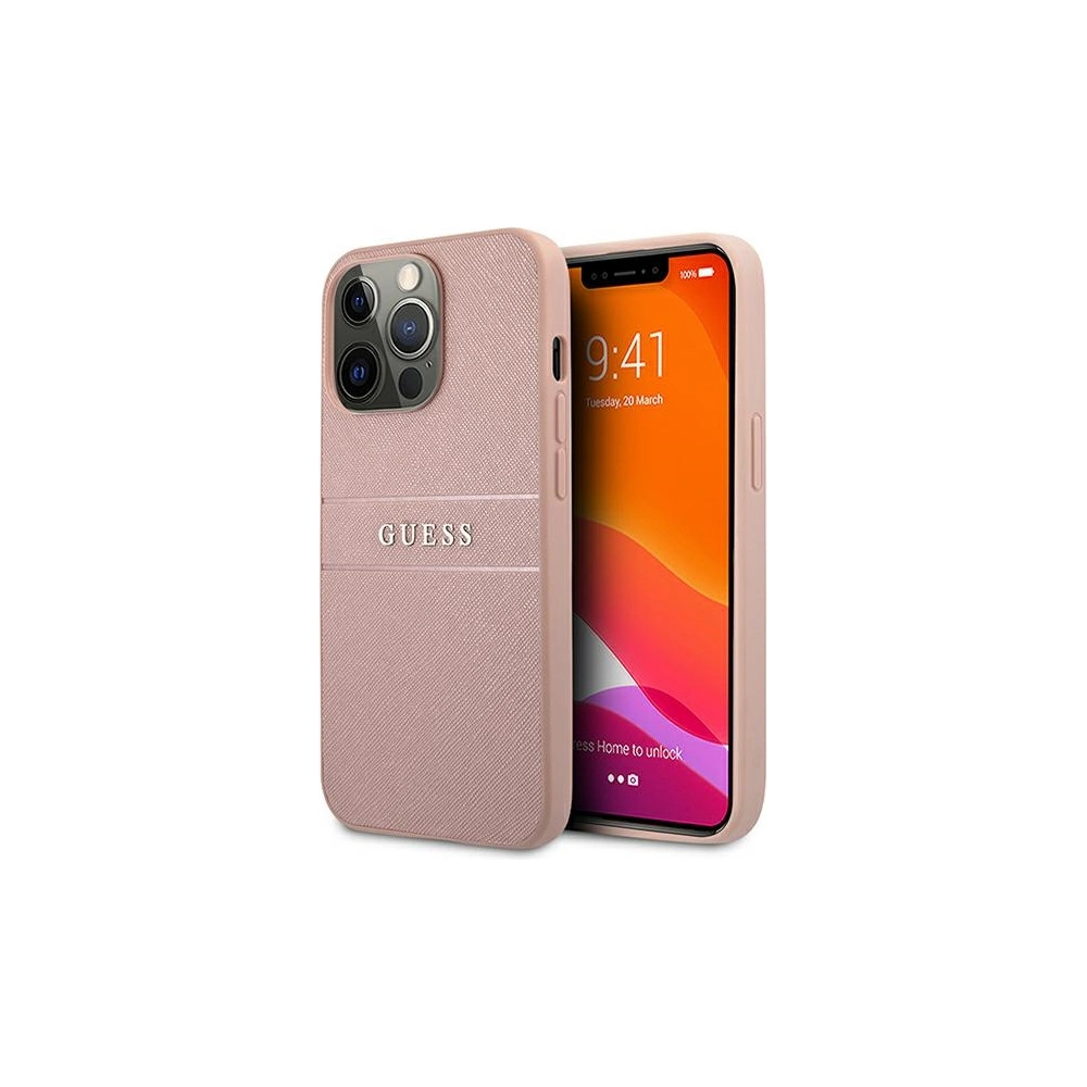 Wholesale Guess GUHCP13XPSASBPI Apple iPhone 13 Pro Max pink hardcase Saffiano Stripe - GUE1294PNK - {ean13} - Hurt