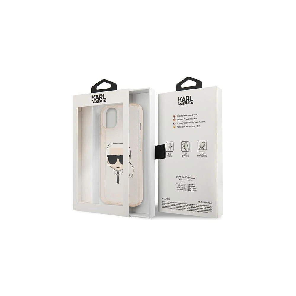 Wholesale Karl Lagerfeld KLHCP13SKHTUGLGO Apple iPhone 13 mini gold hardcase Glitter Karl`s Head - KLD631GLD - {ean13} - Hurt