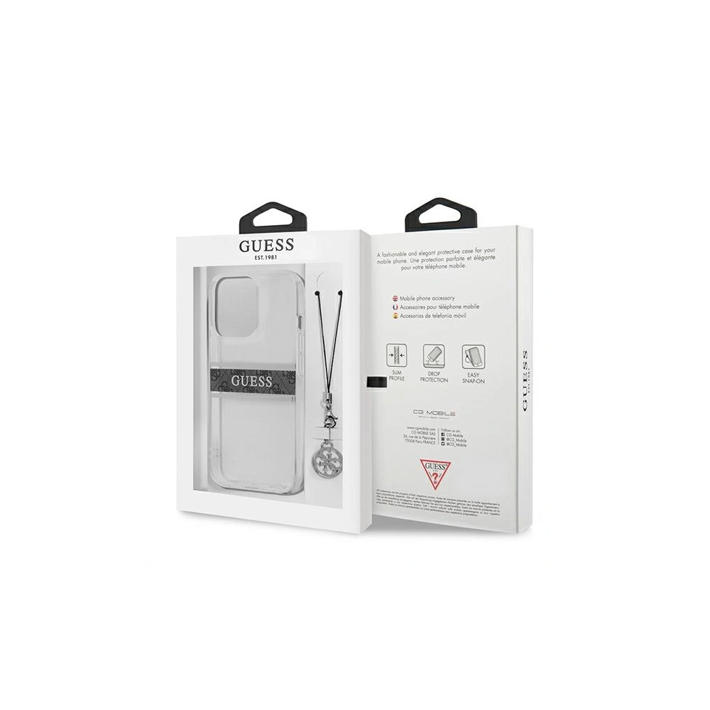 Wholesale Guess GUHCP13LKB4GGR Apple iPhone 13 Pro Transparent hardcase 4G Grey Strap Charm - GUE1300CL - {ean13} - Hurt