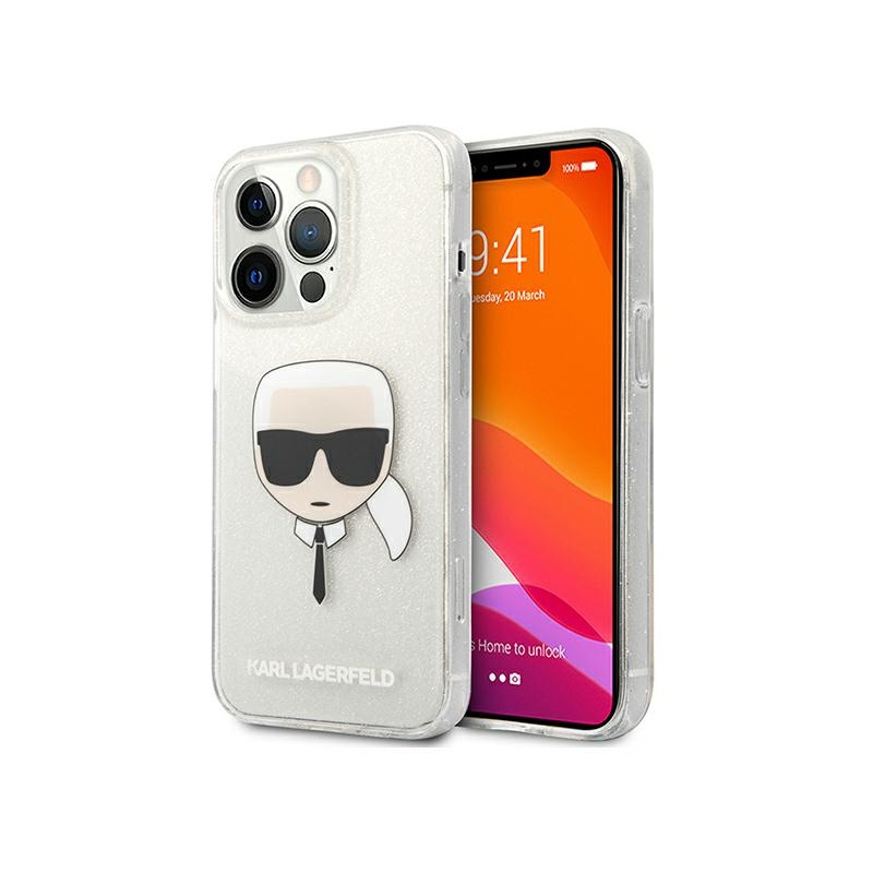 Karl Lagerfeld Distributor - 3666339027483 - KLD695SLV - Karl Lagerfeld KLHCP13XKHTUGLS Apple iPhone 13 Pro Max silver hardcase Glitter Karl`s Head - B2B homescreen