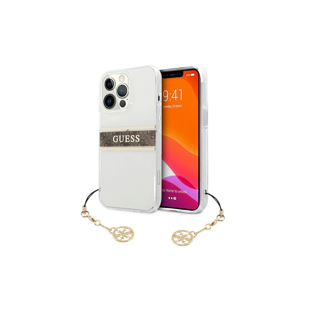 Hurtownia GSM - Etui Guess GUHCP13XKB4GBR Apple iPhone 13 Pro Max průhledný tvrdý obal 4G hnědý popruh charm - GUE1342CL - {ean13} - Hurt