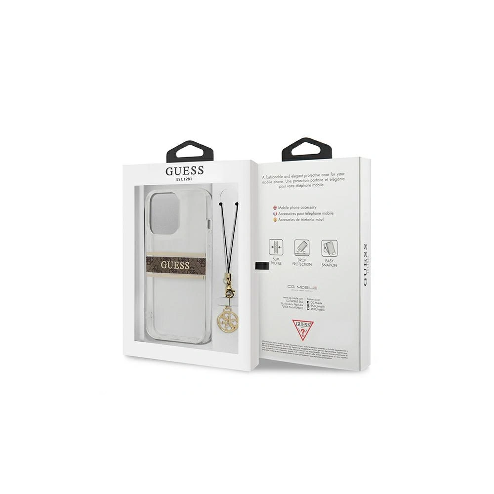 Hurtownia GSM - Etui Guess GUHCP13XKB4GBR Apple iPhone 13 Pro Max průhledný tvrdý obal 4G hnědý popruh charm - GUE1342CL - {ean13} - Hurt