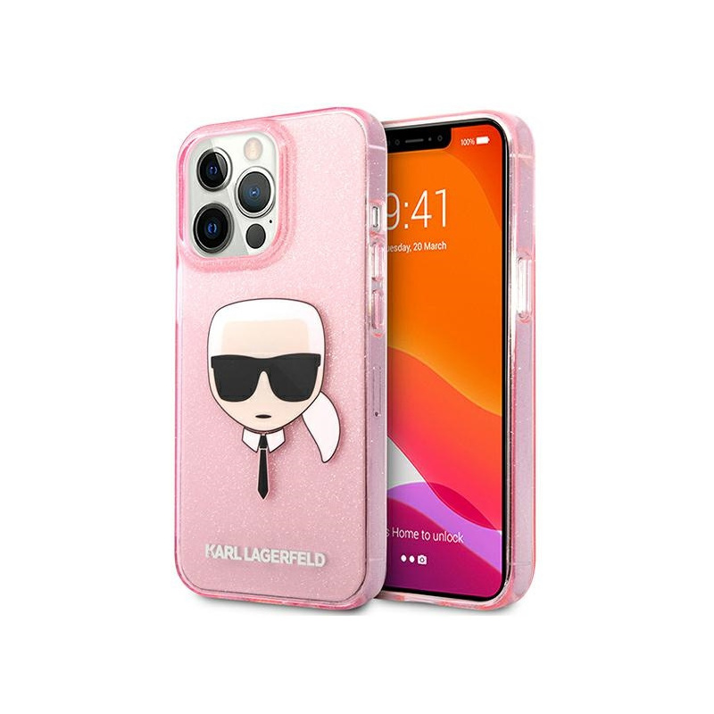 Karl Lagerfeld Distributor - 3666339027551 - KLD707PNK - Karl Lagerfeld KLHCP13LKHTUGLP Apple iPhone 13 Pro pink hardcase Glitter Karl`s Head - B2B homescreen