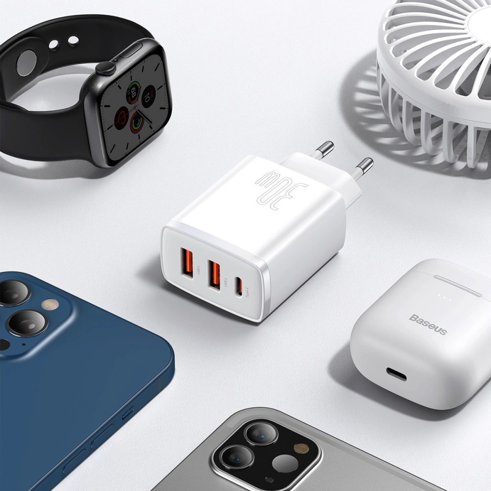 Hurtownia GSM - Síťová nabíječka Baseus Compact Quick Charger, 2xUSB, USB-C, PD, 3A, 30W (bílá) - BSU2896WHT - {ean13} - Hurt
