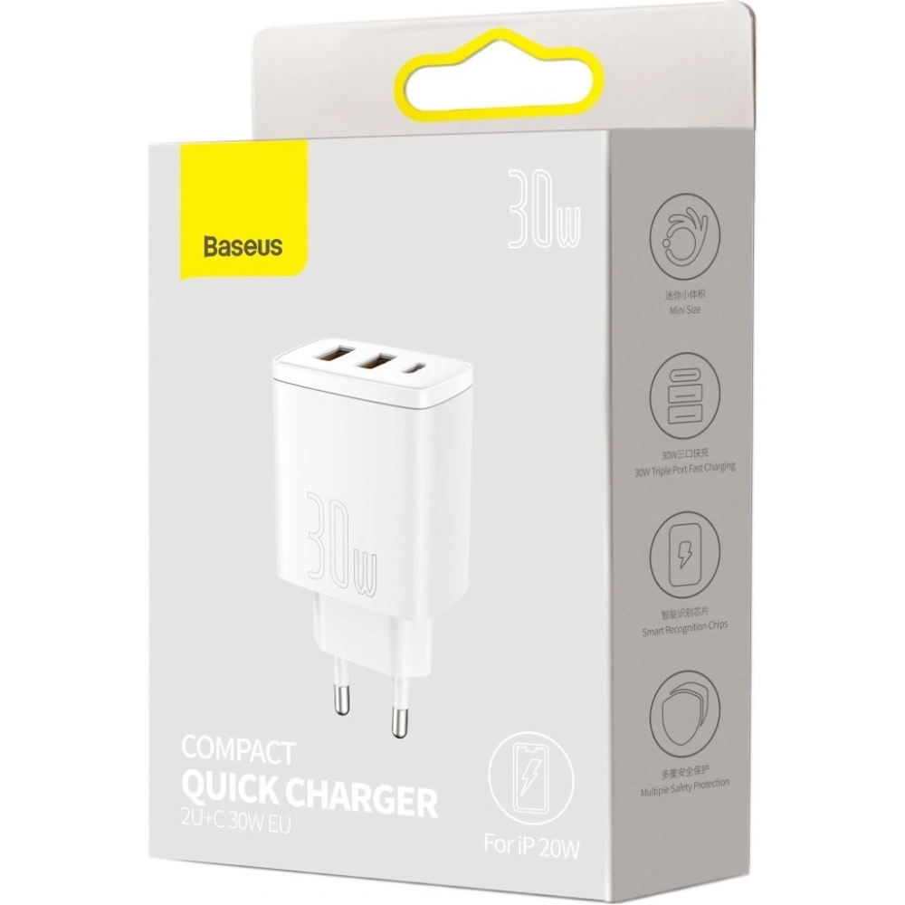 Hurtownia GSM - Ładowarka sieciowa Baseus Compact Quick Charger, 2xUSB, USB-C, PD, 3A, 30W (biała) - BSU2896WHT - {ean13} - Hurt