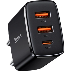 Ładowarka sieciowa Baseus Compact Quick Charger, 2xUSB, USB-C, PD, 3A, 30W (czarna)
