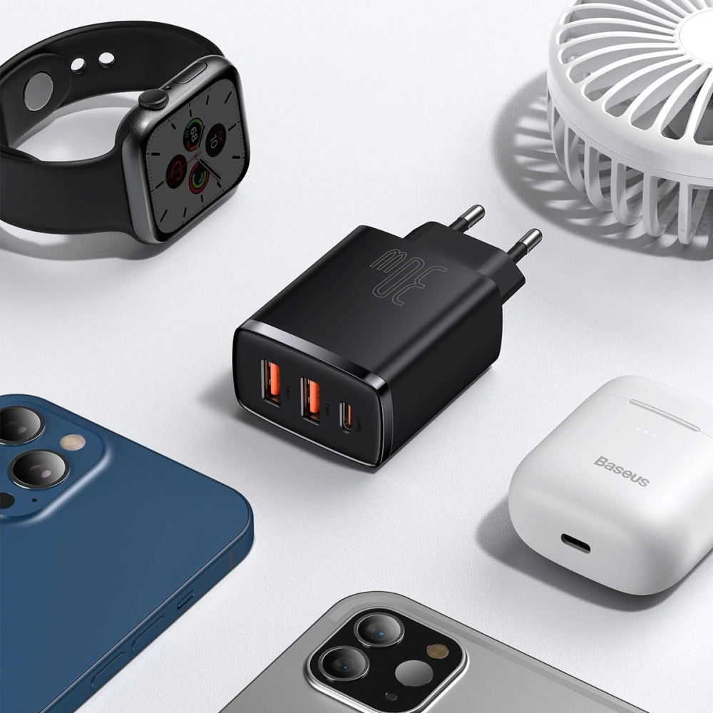 Hurtownia GSM - Síťová nabíječka Baseus Compact Quick Charger, 2xUSB, USB-C, PD, 3A, 30W (černá) - BSU2897BLK - {ean13} - Hurt