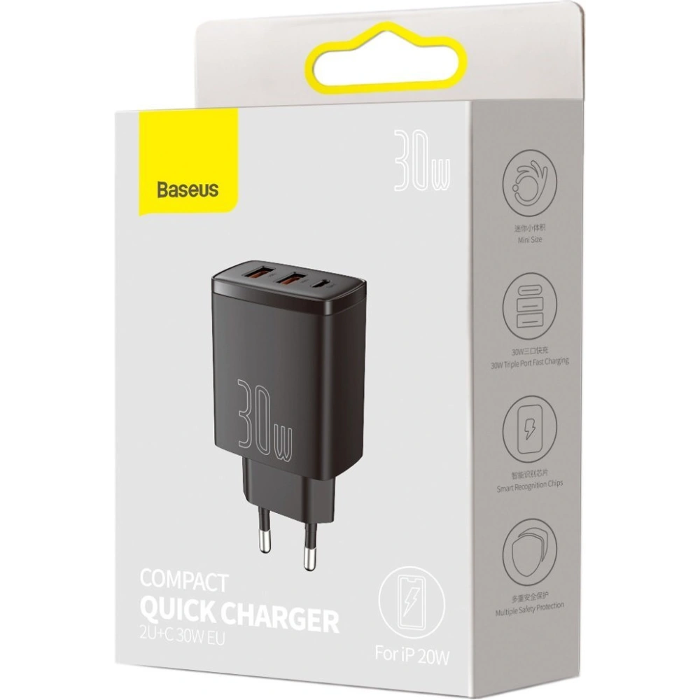 Hurtownia GSM - Ładowarka sieciowa Baseus Compact Quick Charger, 2xUSB, USB-C, PD, 3A, 30W (czarna) - BSU2897BLK - {ean13} - Hurt