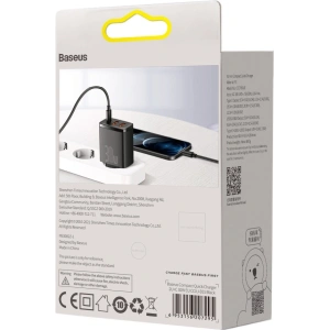 Ładowarka sieciowa Baseus Compact Quick Charger, 2xUSB, USB-C, PD, 3A, 30W (czarna)