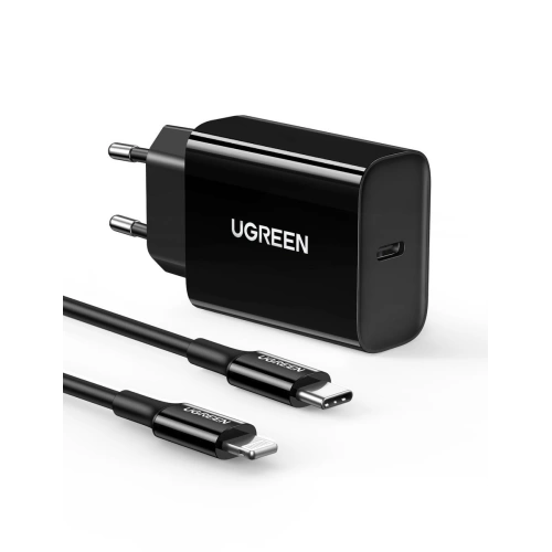 Hurtownia Ugreen - 6957303857999 - UGR1061BLK - Ładowarka sieciowa UGREEN CD137, 20W, PD 3.0, USB-C (czarna) + kabel IP do USB-C (czarny) - B2B homescreen