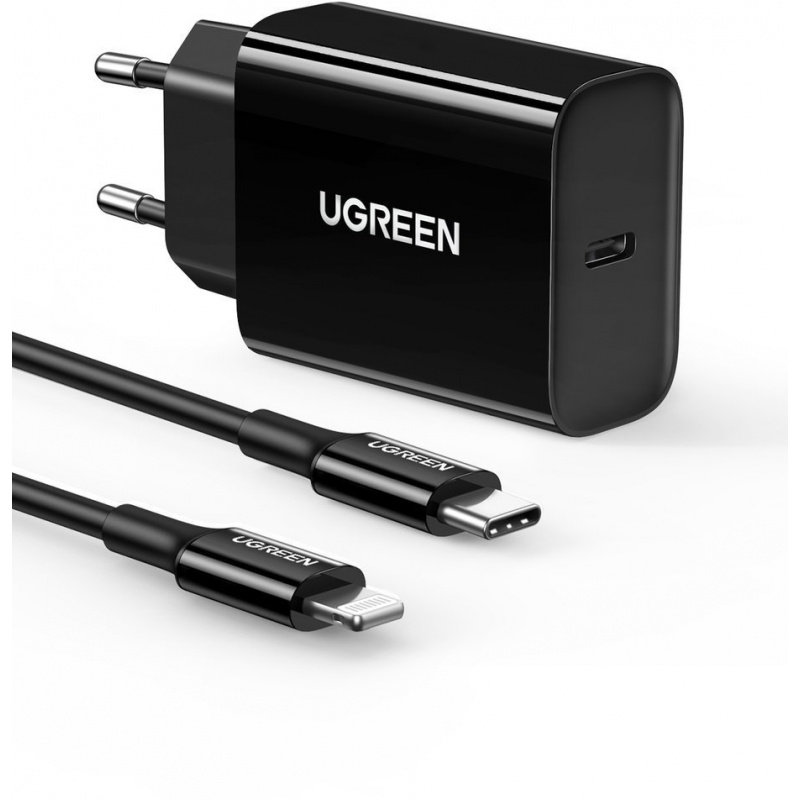 Ugreen Distributor - 6957303857999 - UGR1061BLK - UGREEN CD137, 20W PD 3.0 USB-C Wall Charger (black) + cable IP to USB-C (black) - B2B homescreen