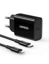Ładowarka sieciowa UGREEN CD137, 20W, PD 3.0, USB-C (czarna) + kabel IP do USB-C (czarny)