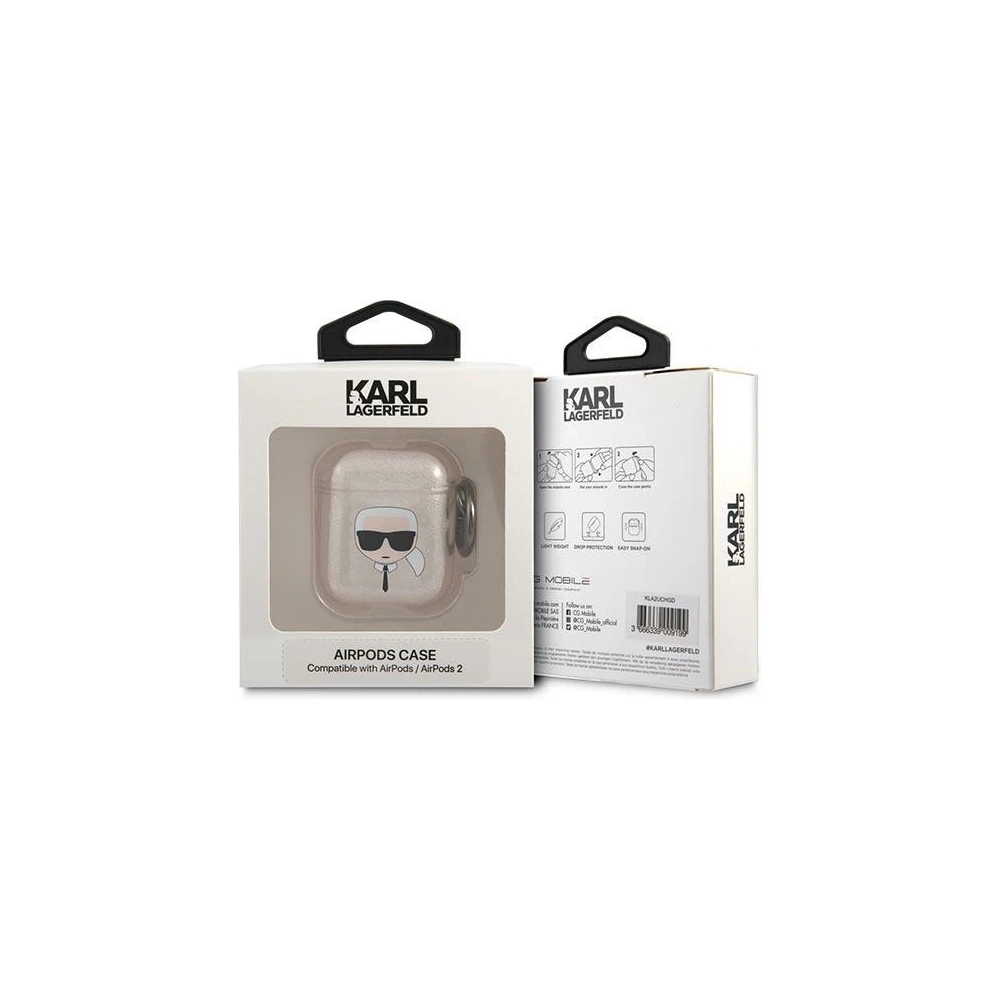 Hurtownia GSM - Etui Karl Lagerfeld KLA2UKHGD Apple AirPods kryt zlatý/gold Glitter Karlova hlava - KLD746GLD - {ean13} - Hurt