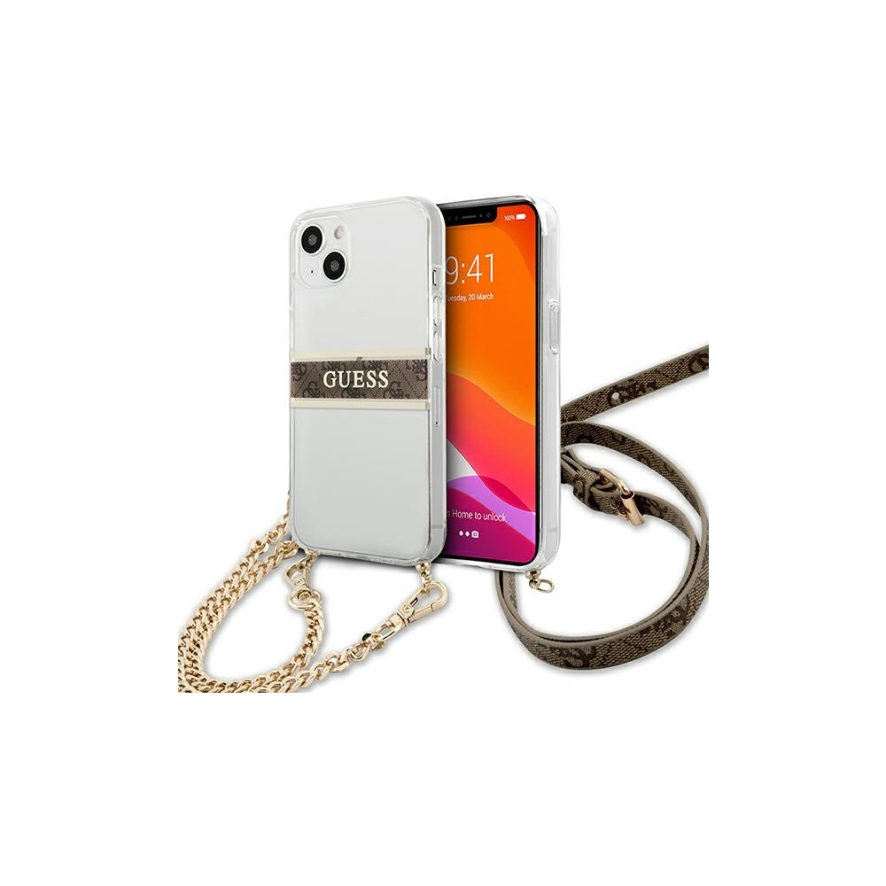 Hurtownia GSM - Etui Guess GUHCP13MKC4GBGO Apple iPhone 13 Průhledný tvrdý kryt 4G Hnědý pásek Zlatý řetěz - GUE1419CL - {ean13} - Hurt