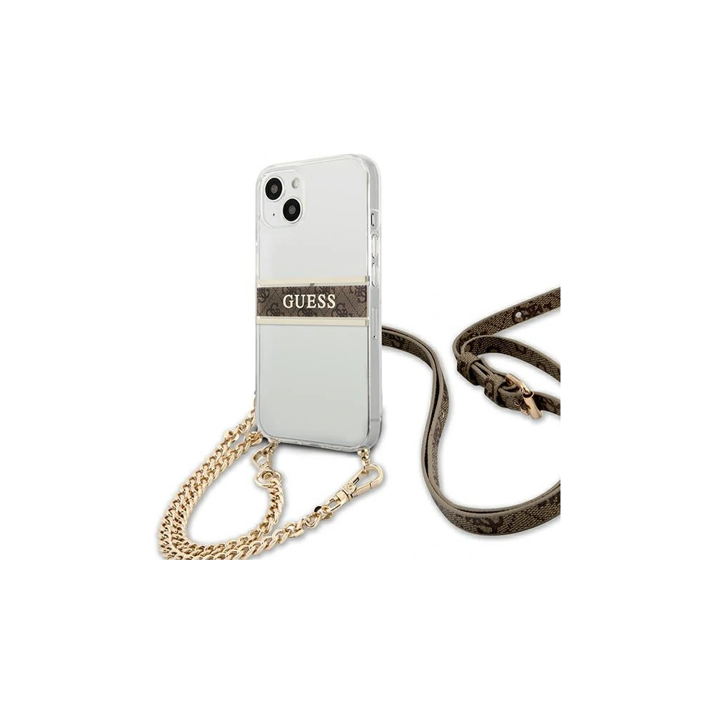 Hurtownia GSM - Etui Guess GUHCP13MKC4GBGO Apple iPhone 13 Průhledný tvrdý kryt 4G Hnědý pásek Zlatý řetěz - GUE1419CL - {ean13} - Hurt