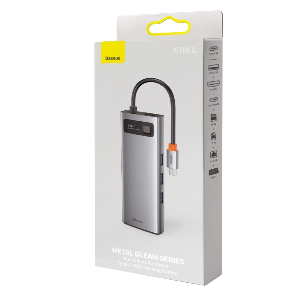 Hurtownia GSM - Hub 9w1 Baseus Metal Gleam Series, USB-C na 3x USB 3.0 + HDMI + USB-C PD + Ethernet RJ45 + microSD/SD + VGA - BSU2899 - {ean13} - Hurt