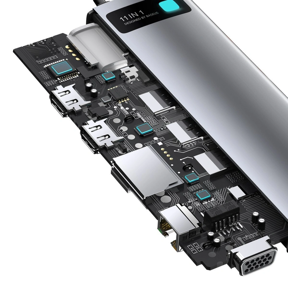 Hurtownia GSM - Hub 11w1 Baseus Metal Gleam Series, USB-C na 3x USB 3.0 + 2x HDMI + USB-C PD + Ethernet RJ45 + microSD/SD + VGA + AUX - BSU2900 - {ean13} - Hurt