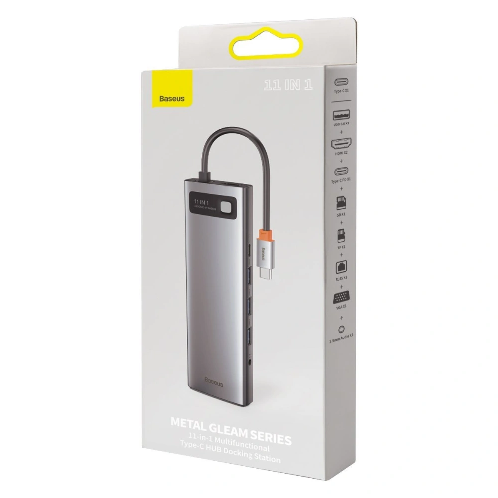 Hurtownia GSM - Hub 11w1 Baseus Metal Gleam Series, USB-C na 3x USB 3.0 + 2x HDMI + USB-C PD + Ethernet RJ45 + microSD/SD + VGA + AUX - BSU2900 - {ean13} - Hurt