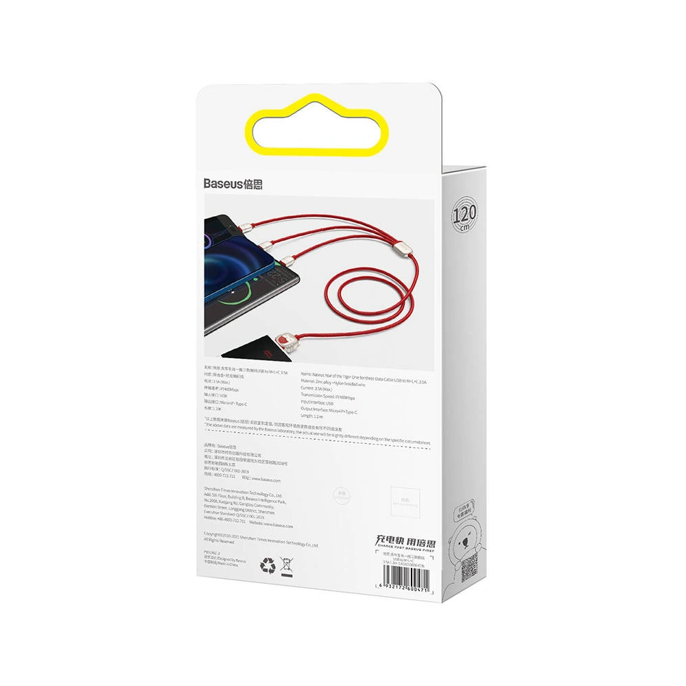 Hurtownia GSM - Kabel USB 3w1 Baseus Rok tygra, USB do micro USB / USB-C / Lightning, 3.5A, 1.2m (červený) - BSU2912RED - {ean13} - Hurt