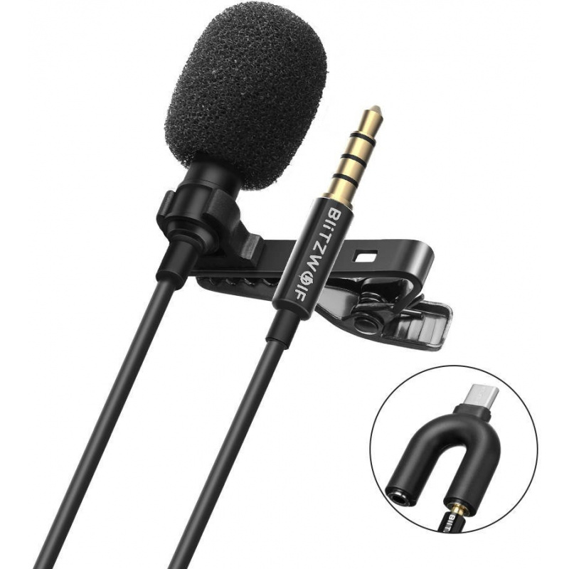 BlitzWolf Distributor - 5907489607025 - BLZ415 - Blitzwolf BW-CM1 Lavalier microphone with clip, AUX, USB-C, 1.5m - B2B homescreen