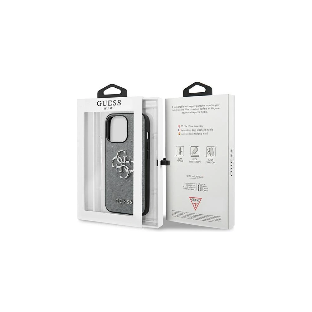 Guess GUHCP13LSA4GSGR Apple iPhone 13 Pro grey hardcase Saffiano 4G Metal Logo