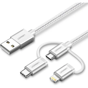 Kabel USB 3w1 UGREEN US186 Type-C / Micro USB / Lightning, 1m (srebrny)