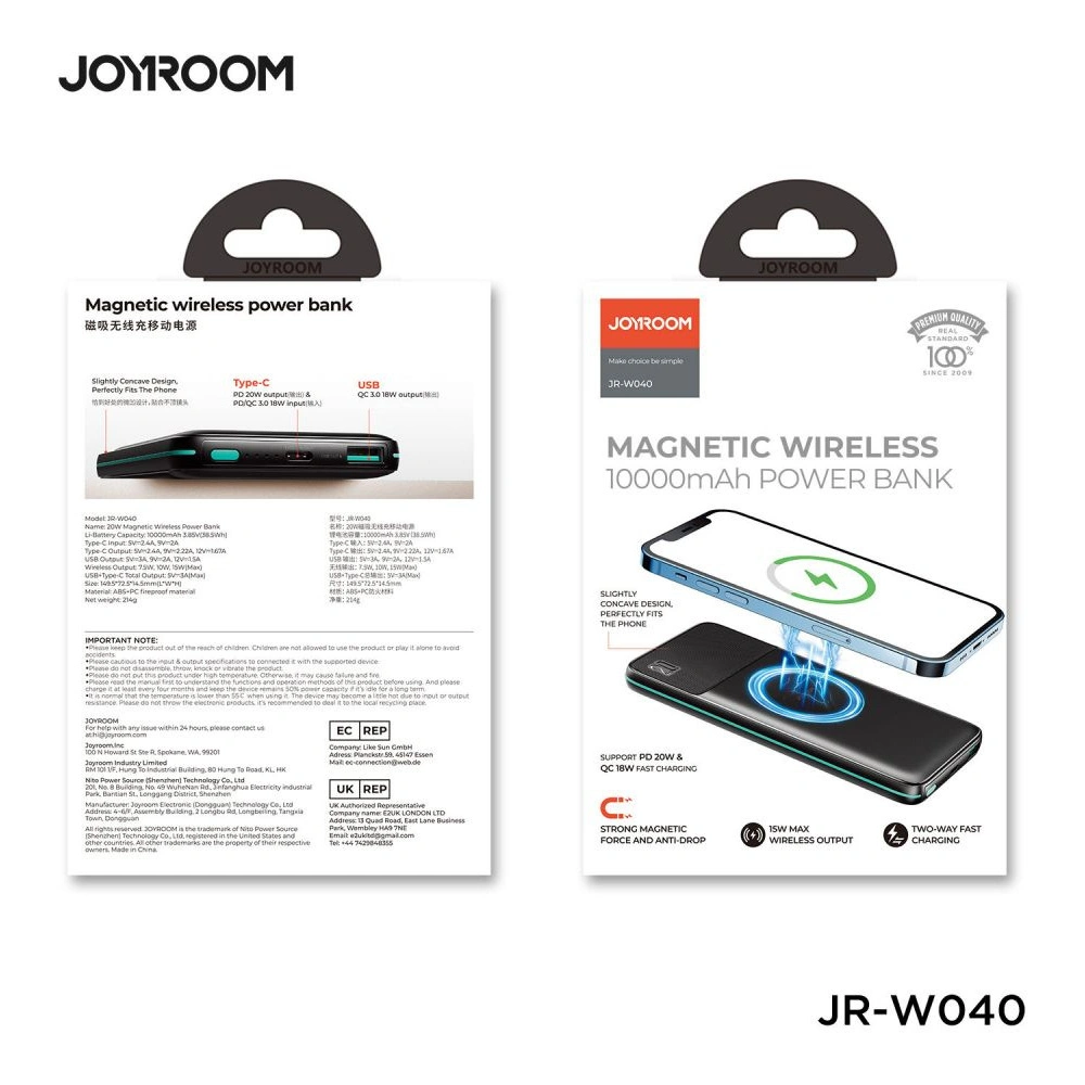 Hurtownia GSM - Powerbank s indukčním nabíjením Joyroom JR-W040 Magnetic MagSafe Power Bank 10000mah Černý - JYR066BLK - {ean13} - Hurt