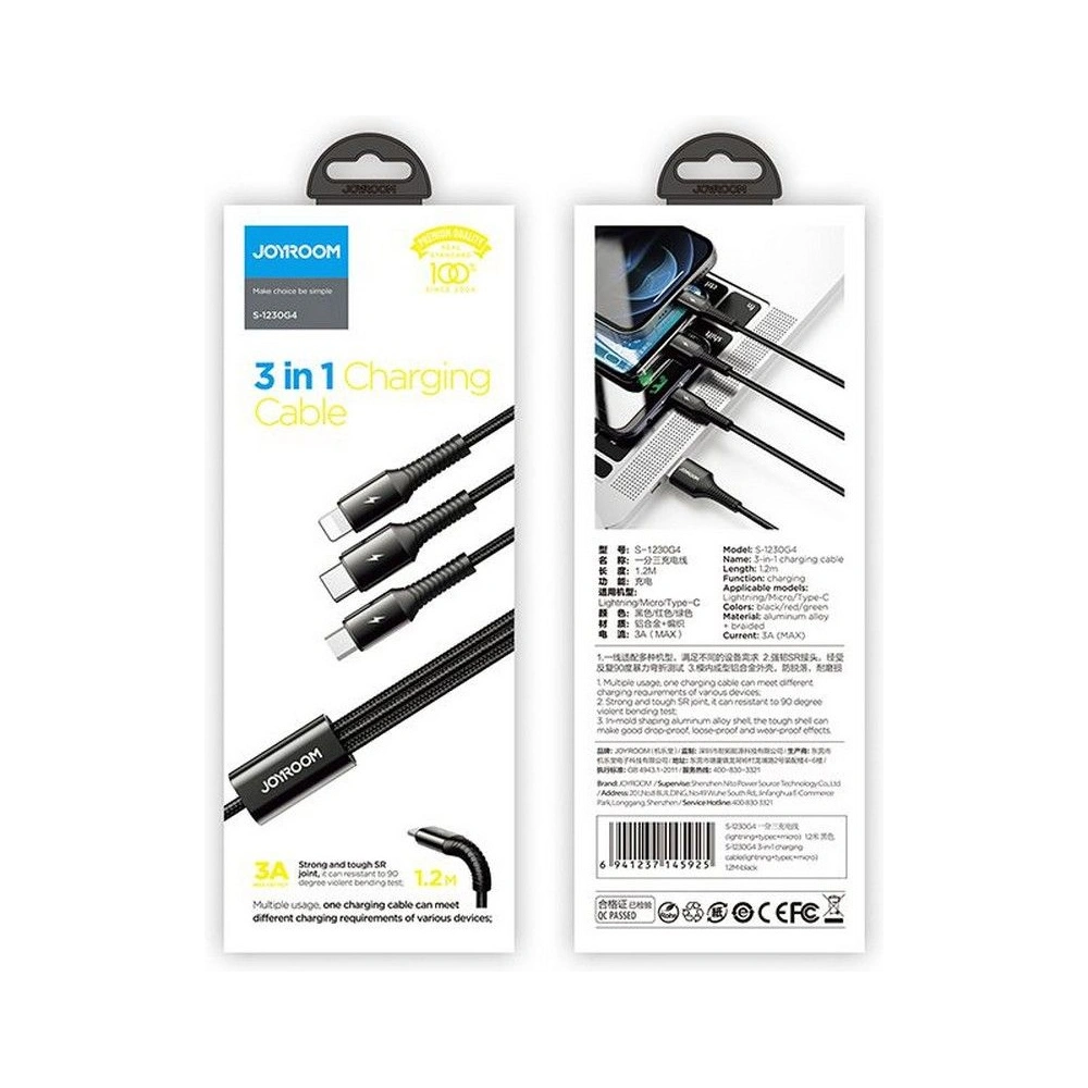 Hurtownia GSM - Kabel Joyroom S-1230G4 3in1 USB-C - Lightning - microUSB 120cm černý - JYR076BLK - {ean13} - Hurt
