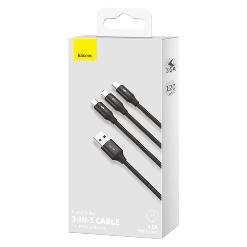Kabel USB 3w1 Baseus Rapid Series, USB do micro USB / USB-C / Lightning, 3.5A, 1.2m (czarny)