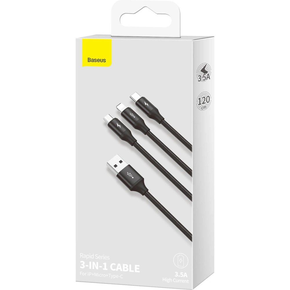 Hurtownia GSM - Kabel USB 3w1 Baseus Rapid Series, USB do micro USB / USB-C / Lightning, 3.5A, 1.2m (černý) - BSU3077BLK - {ean13} - Hurt